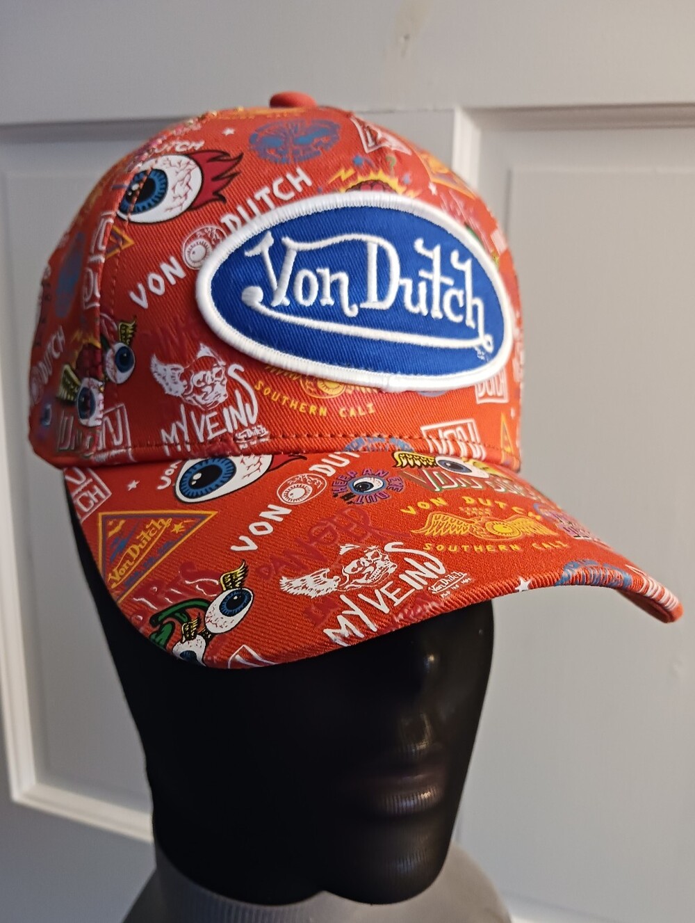 RARE Von Dutch Orange Jax 360 All Over Flying Eyeball Print Snapback Canvas NWT